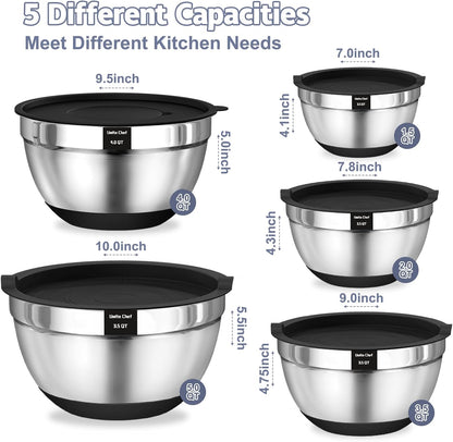 Umite Chef Mixing Bowls with Airtight Lids Set, 8PCS Stainless Steel Nesting Bowls with Grater Attachments, Non-Slip Bottoms, 5, 4, 3.5, 2, 1.5QT for Mixing & Serving