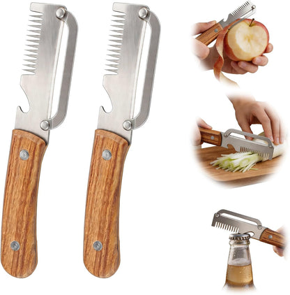 Multifunctional Vegetable Peeler, 3 in 1 Julienne Peeler with Wooden Handle, Vegetable Shredder with Bottle Opener Kitchen Tool for Peeling Veggie Fruit Pineapple Pumpkin Papaya Carrrot(2 Pack)