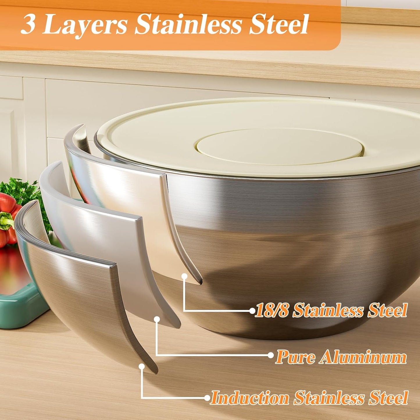 Mixing Bowls with Lids Set, 6 PCS Stainless Steel Mixing Bowls with 3 Grater Attachments, Kitchen Food Storage Organizers Nesting Mixing Bowl, Large Size 4.5, 3.5, 2.1, 1.5, 1.1, 0.7QT