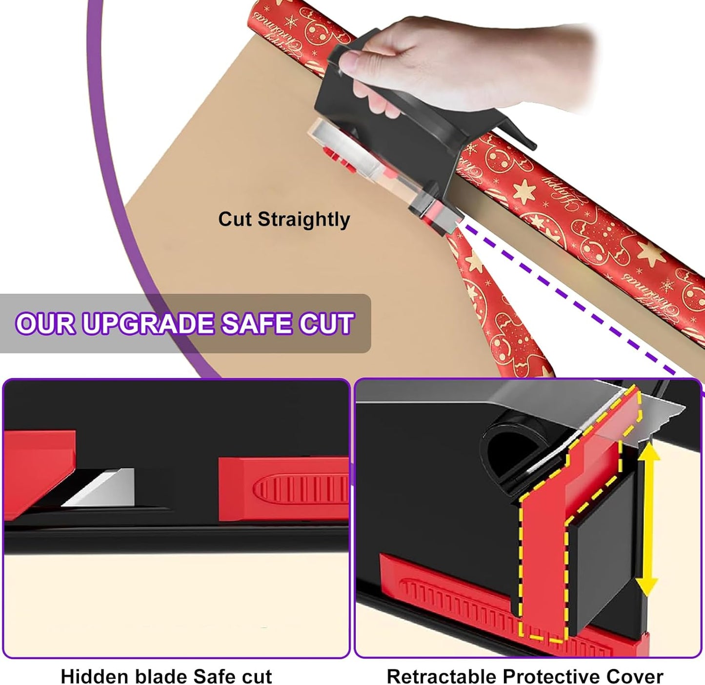 Upgrade 2 Pack Wrapping Paper Cutter &Tape Dispenser Dual Use, Gift Wrap Cutter Tool with 4 Tapes, 2 Replace Blades Kit for Rolls Paper, Perferct for Christmas Birthday, Easy Cut for Present Wrapping