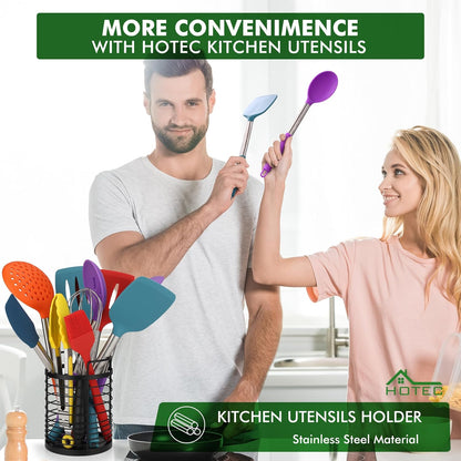 HOTEC 446°F Heat Resistant Silicone Kitchen Utensils, Cooking Utensil Set, Spatula Set, BPA Free, Kitchen Gadgets, Utensils Holder, Dishwasher Safe, 14pcs Multicolor