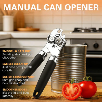 Manual Can Opener With Stainless Steel Cutting Wheel，Smooth Edge Can Opener Heavy Duty and Bottle Openers Easy to Use, Soft Comfortable Handle, Multifunctional Can Opener Tool, Black