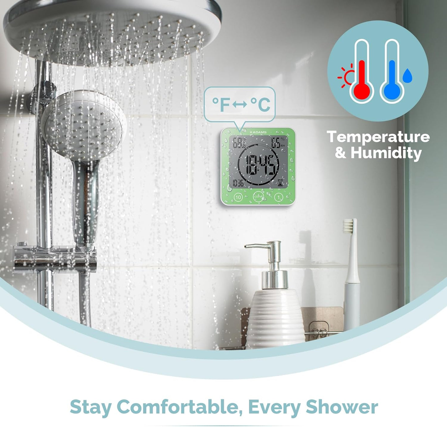 KADAMS Shower Clock Waterproof Bathroom Timer – Digital Wall Clock with Countdown, Magnetic Kitchen Clock with Temperature & Humidity, Suction Cup for Kids Shower Spa Cook Bath (Black)