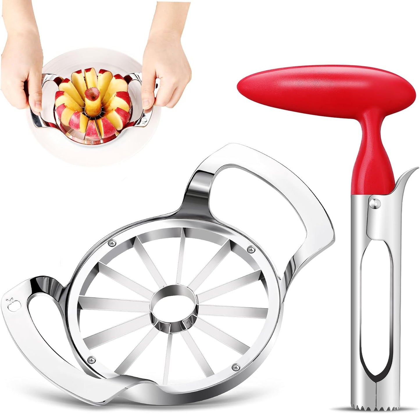 Lasnten Set of 2 Apple Slicer and Corer Set Stainless Apple Corer Apple Core Remover with Non Slip Handles Apple Cutter Apple Slicer 12 Slices for Kitchen Tomato Pear Peach Cutting