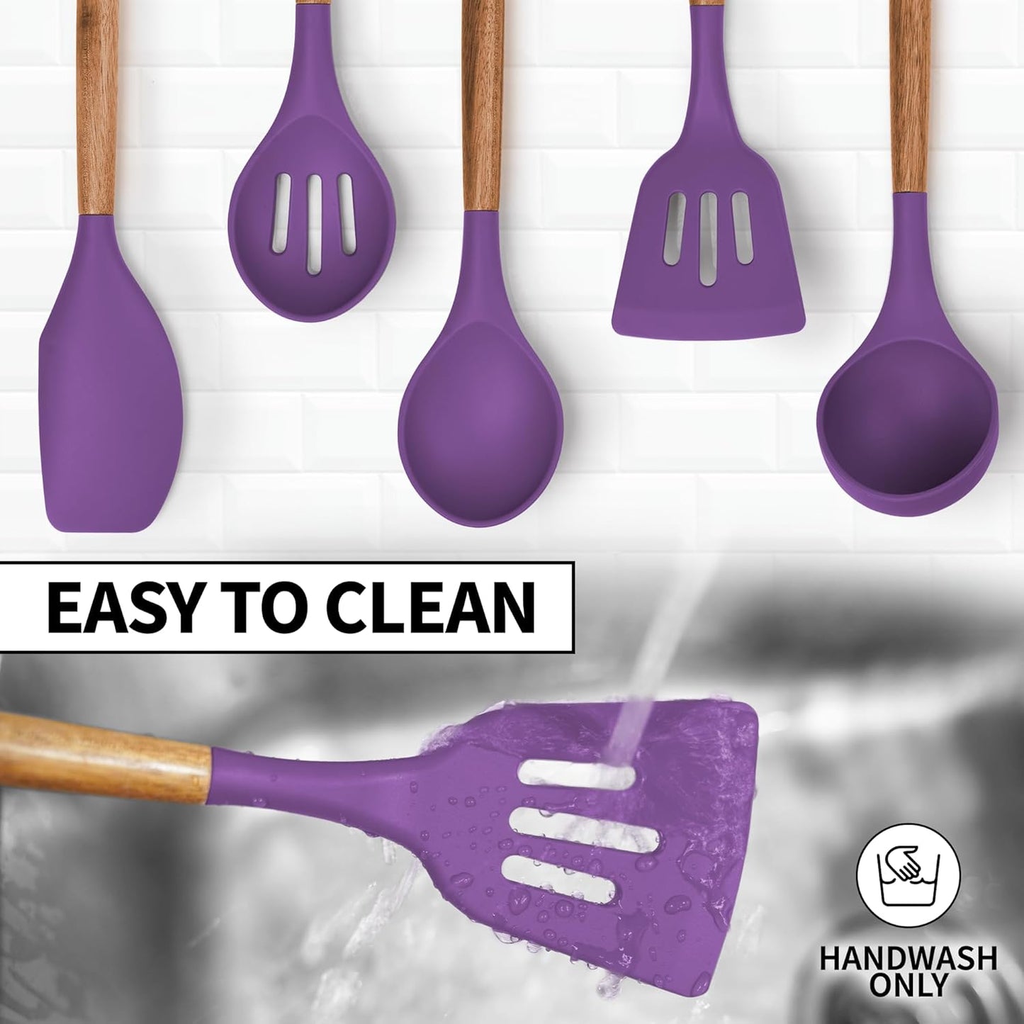 Zulay Kitchen Utensils Set Non-Stick Silicone Cooking Utensils Set with Authentic Acacia Wood Handles - 5 Piece Silicone Utensil Set - Kitchen Utensils Set with 464°F Heat Resistance - Gray