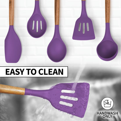 Zulay Kitchen Utensils Set Non-Stick Silicone Cooking Utensils Set with Authentic Acacia Wood Handles - 5 Piece Silicone Utensil Set - Kitchen Utensils Set with 464°F Heat Resistance - Gray