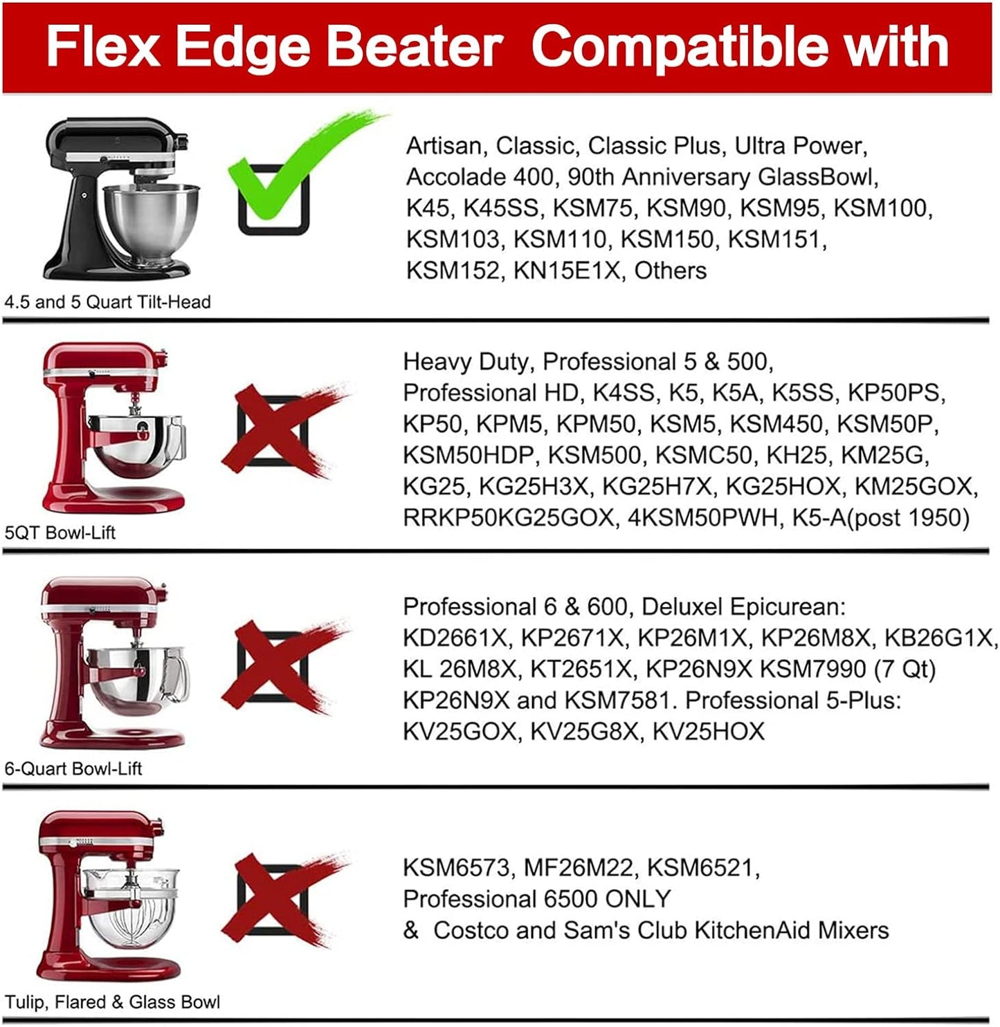 Flex Edge Beater for KitchenAid Tilt-Head Stand Mixer, 4.5-5 Quart Flat Beater Paddle with Flexible Silicone Edges Bowl Scraper, White