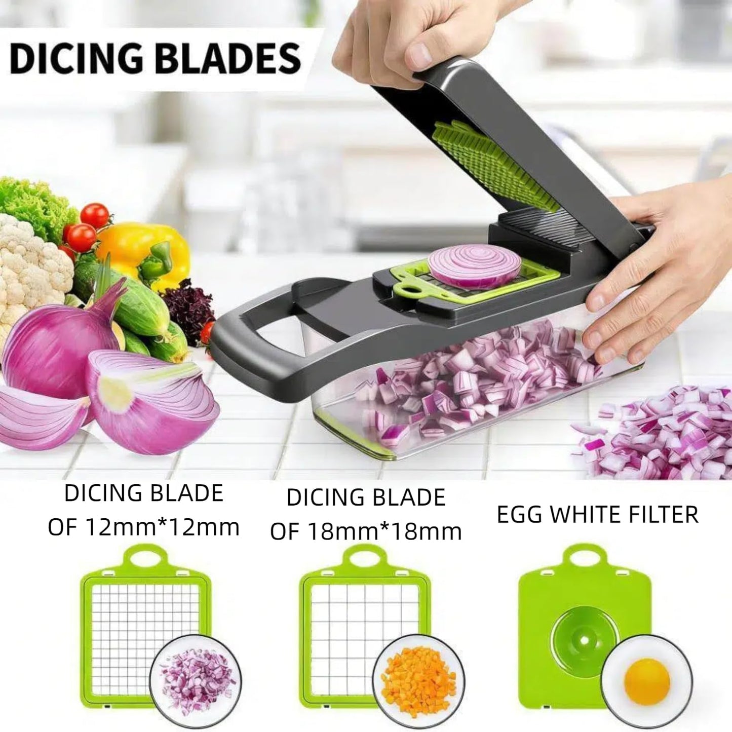 Vegetable Chopper,Multifunctional 8 Blades Food Choppers Onion Chopper Vegetable Slicer Cutter Dicer Veggie chopper,Colander Basket,Container for Salad Potato Carrot Garlic (Green)