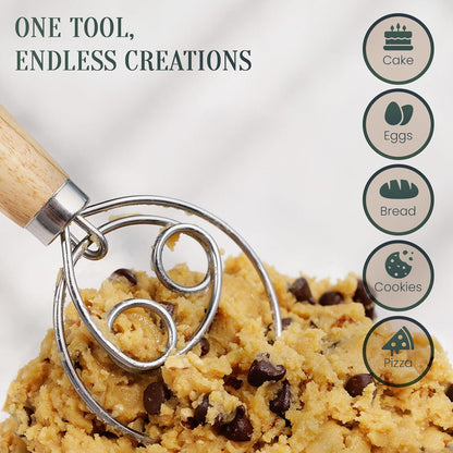 Danish Dough Whisk, Sourdough Bread Whisk with Wooden Handle, 13-Inch Stainless Steel Single Loop Dough Mixer for Bread Making, Pizza Dough, Batter and Pastry