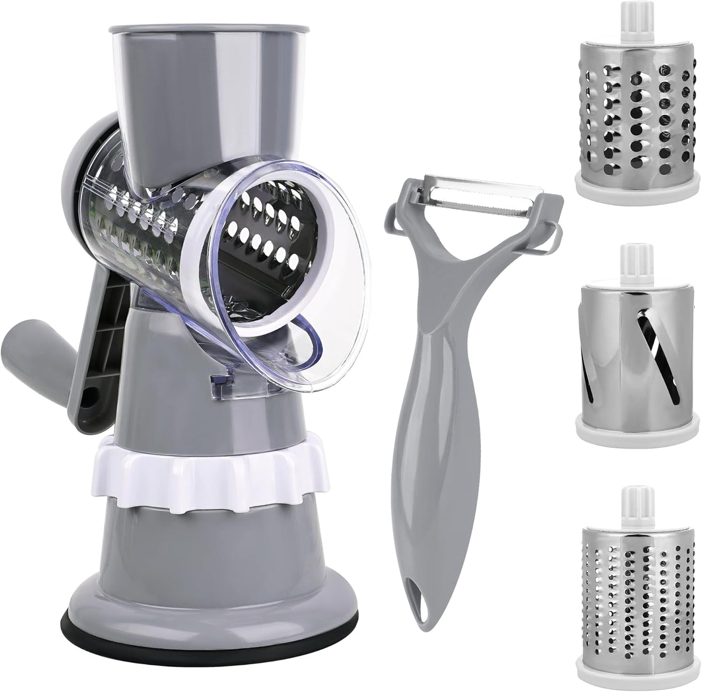 Rotary Cheese Grater Hand Crank with Peeler, Cheese Shredder with 3 Stainless Steel Changeable Blades, Kitchen Food Slicer with Non-Slip Suction Base for Cheese Fruit Vegetables Nuts (Gray)