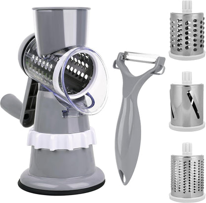 Rotary Cheese Grater Hand Crank with Peeler, Cheese Shredder with 3 Stainless Steel Changeable Blades, Kitchen Food Slicer with Non-Slip Suction Base for Cheese Fruit Vegetables Nuts (Gray)