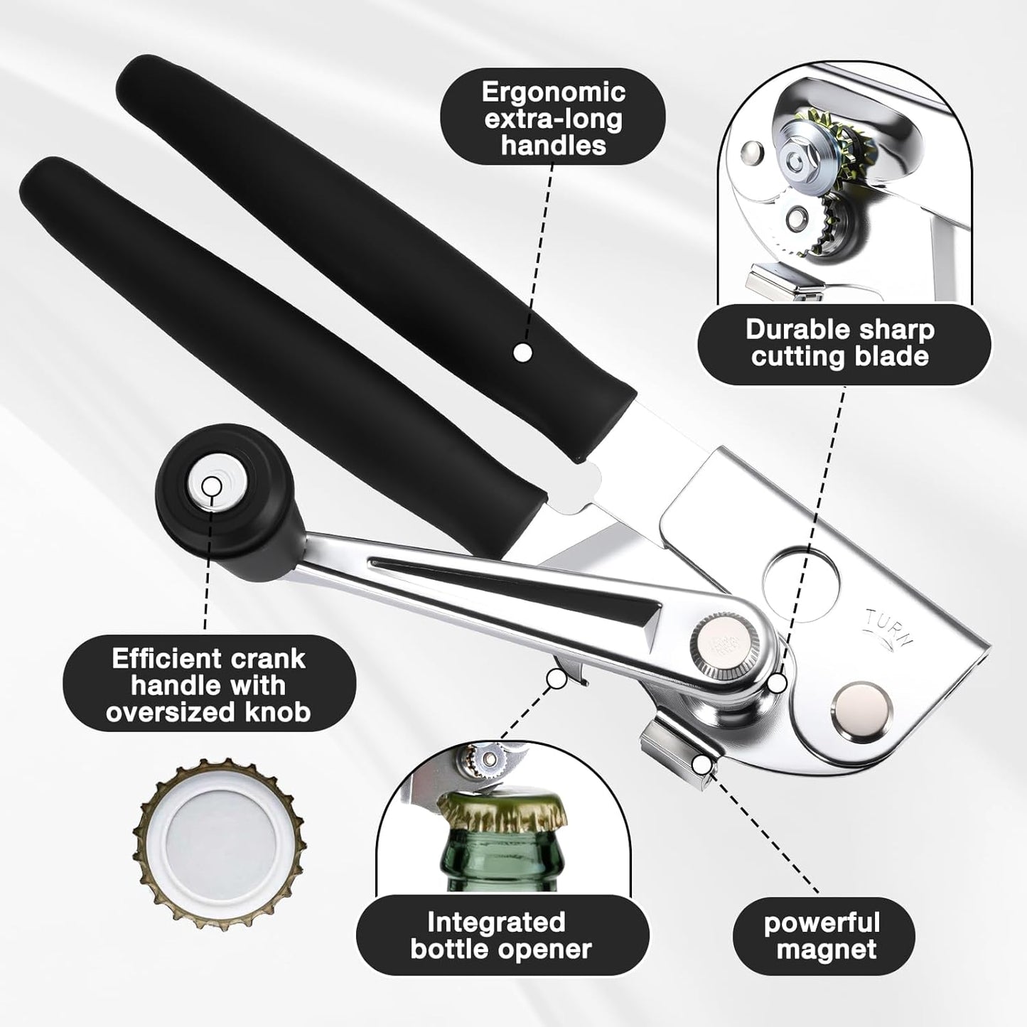 Can Opener Manual Heavy Duty Stainless Steel Smooth Edge with Magnet Large Effort Saving Knob Soft Grip Handle for Arthritis Elderly with Bottle Opener Kitchen Tool Black