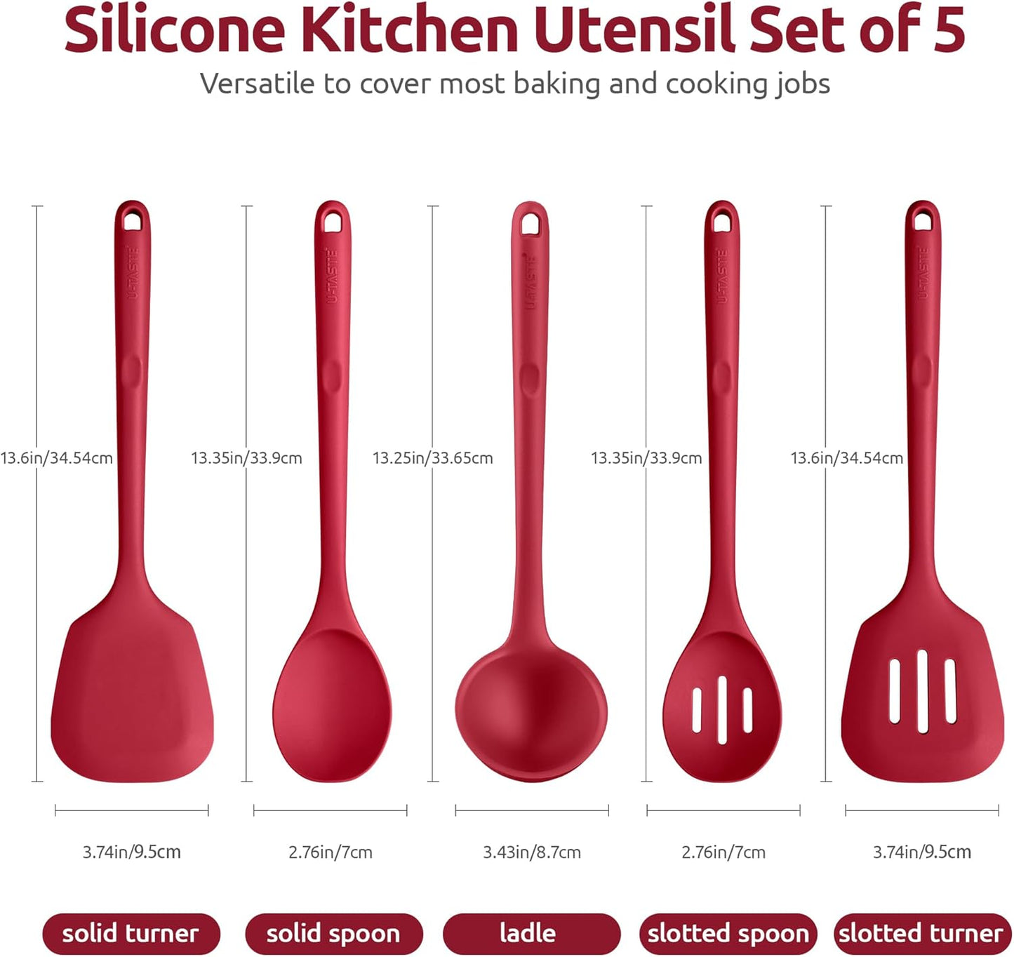 Silicone Kitchen Cooking Utensil Set: U-Taste High Heat Resistant 13.6in Long Kitchen Gadgets, BPA Free Non Stick Rubber Cook Accessories For Stir Frying, Serving, Basting, Mixing (5 Pieces, Black)