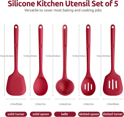 Silicone Kitchen Cooking Utensil Set: U-Taste High Heat Resistant 13.6in Long Kitchen Gadgets, BPA Free Non Stick Rubber Cook Accessories For Stir Frying, Serving, Basting, Mixing (5 Pieces, Black)