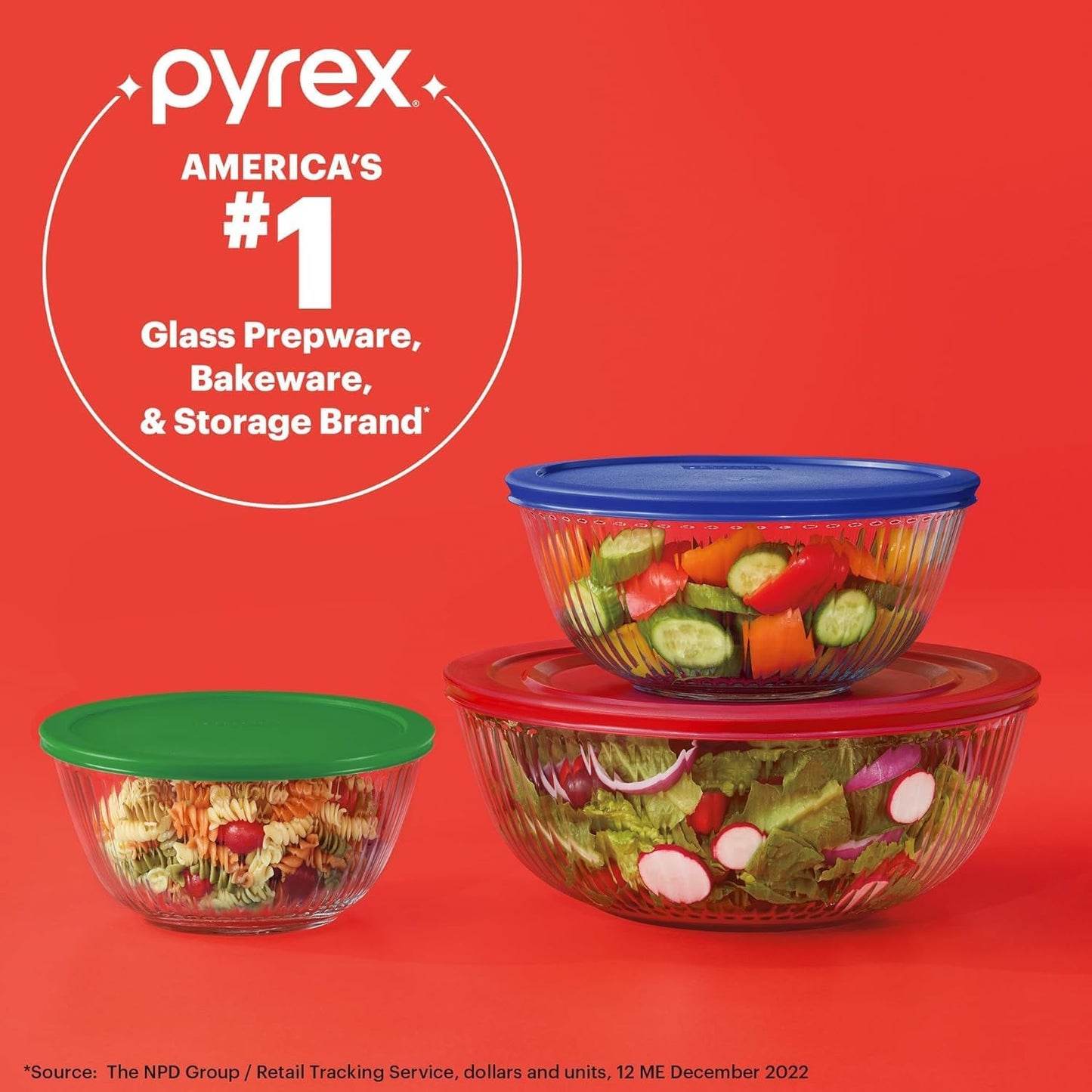 Pyrex Sculpted (3-Pack) Glass Mixing Bowls Set With Plastic Lids For Prepping, Baking and Cooking, Preheated Oven, Dishwasher, Freezer, and Microwave Safe