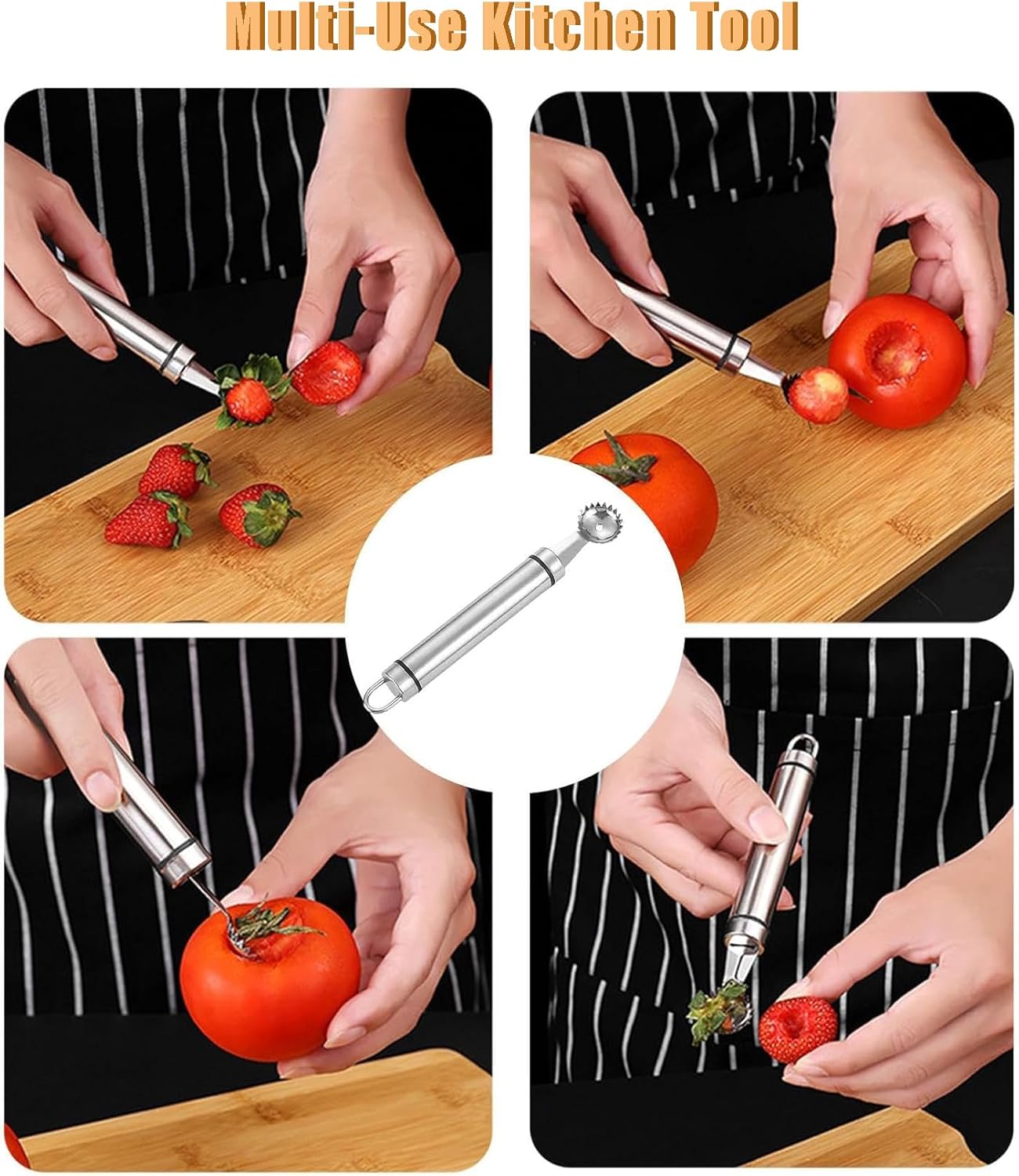 2PCS Stainless Steel Strawberry Huller and Tomato Stem Corer Tool,Fruit Stem Corer Remover Tool with Serrated Slice,Multi-Function Corer Pitter Remover Gadgets Kitchen Tool