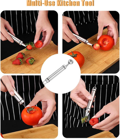 2PCS Stainless Steel Strawberry Huller and Tomato Stem Corer Tool,Fruit Stem Corer Remover Tool with Serrated Slice,Multi-Function Corer Pitter Remover Gadgets Kitchen Tool