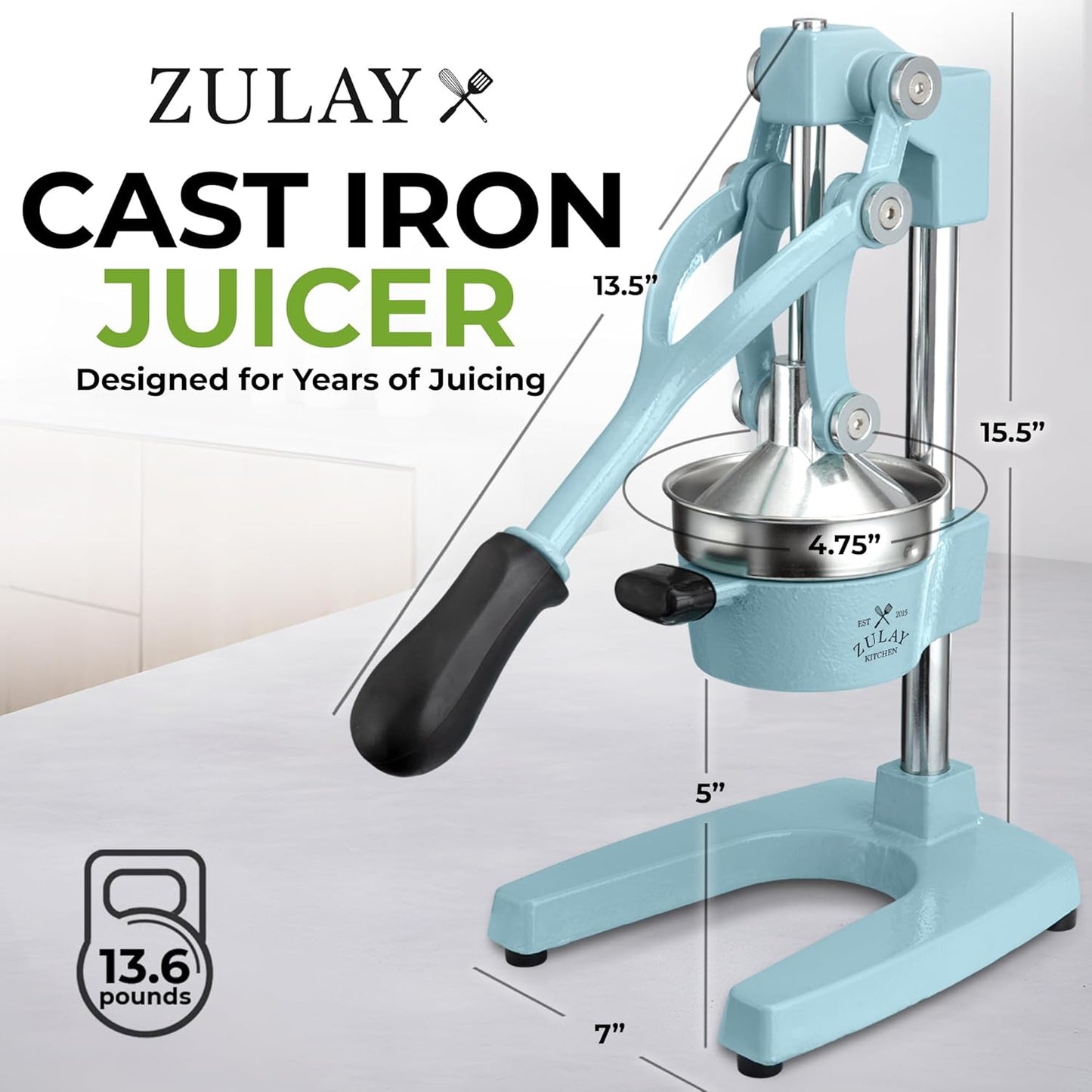 Zulay Kitchen Cast Iron Juicer - Heavy Duty Manual Juicer with Detachable Strainers for Easy Cleaning, Orange Juice Press for Citrus Fruits, Perfect for Bartenders, Juice Lovers & Health Enthusiasts