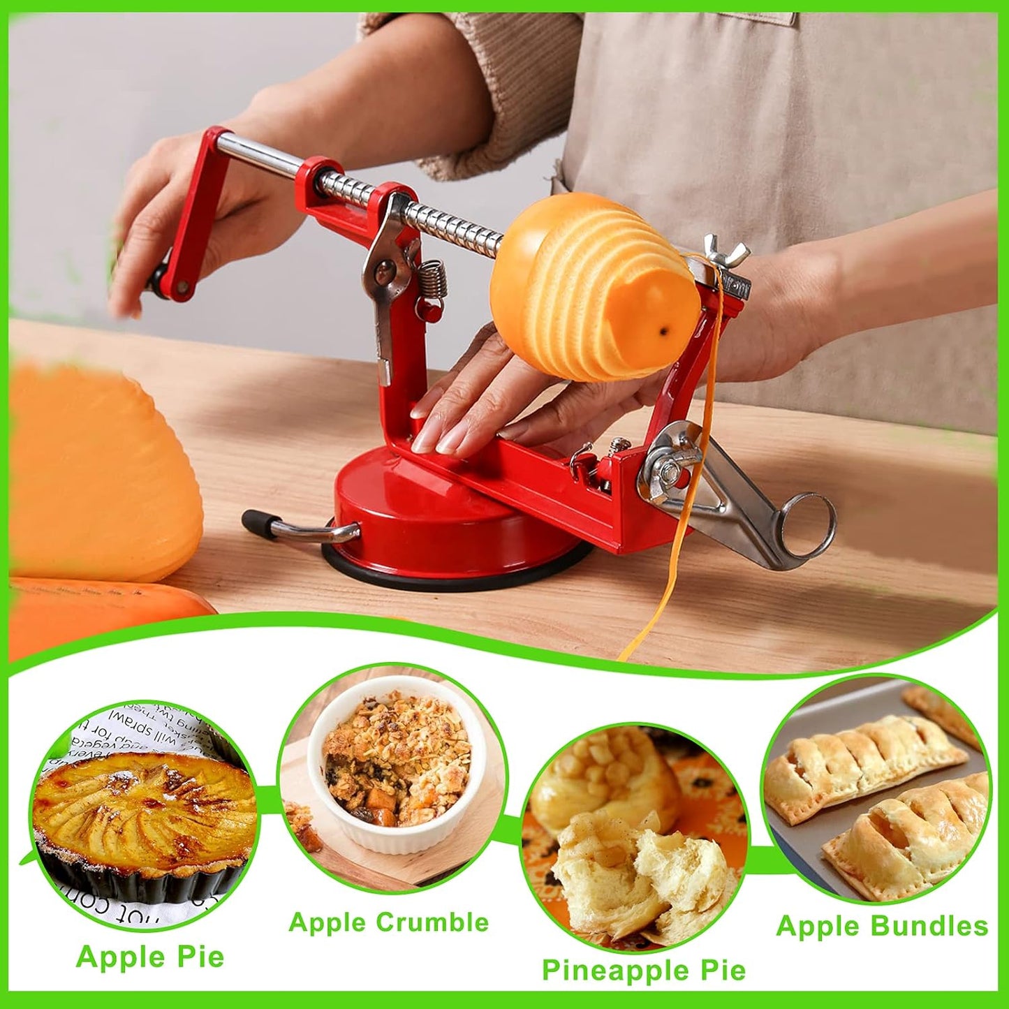 Apple Peeler Corer, Long lasting Chrome Cast Magnesium Alloy Apple Peeler Slicer Corer with Stainless Steel Blades and Powerful Suction Base for Apples and Potato(SpringGreen)