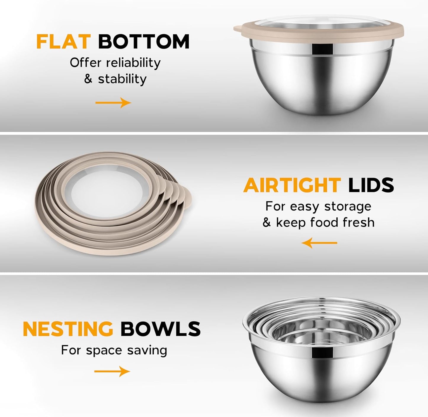 Onader Mixing Bowls with Lids Set of 6, Large Metal Nesting Mixing Bowls, Stainless Steel Non-Slip Salad Bowl Khaki – Size 1, 1.5, 2, 2.6, 3.5, 7QT