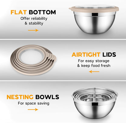 Onader Mixing Bowls with Lids Set of 6, Large Metal Nesting Mixing Bowls, Stainless Steel Non-Slip Salad Bowl Khaki – Size 1, 1.5, 2, 2.6, 3.5, 7QT