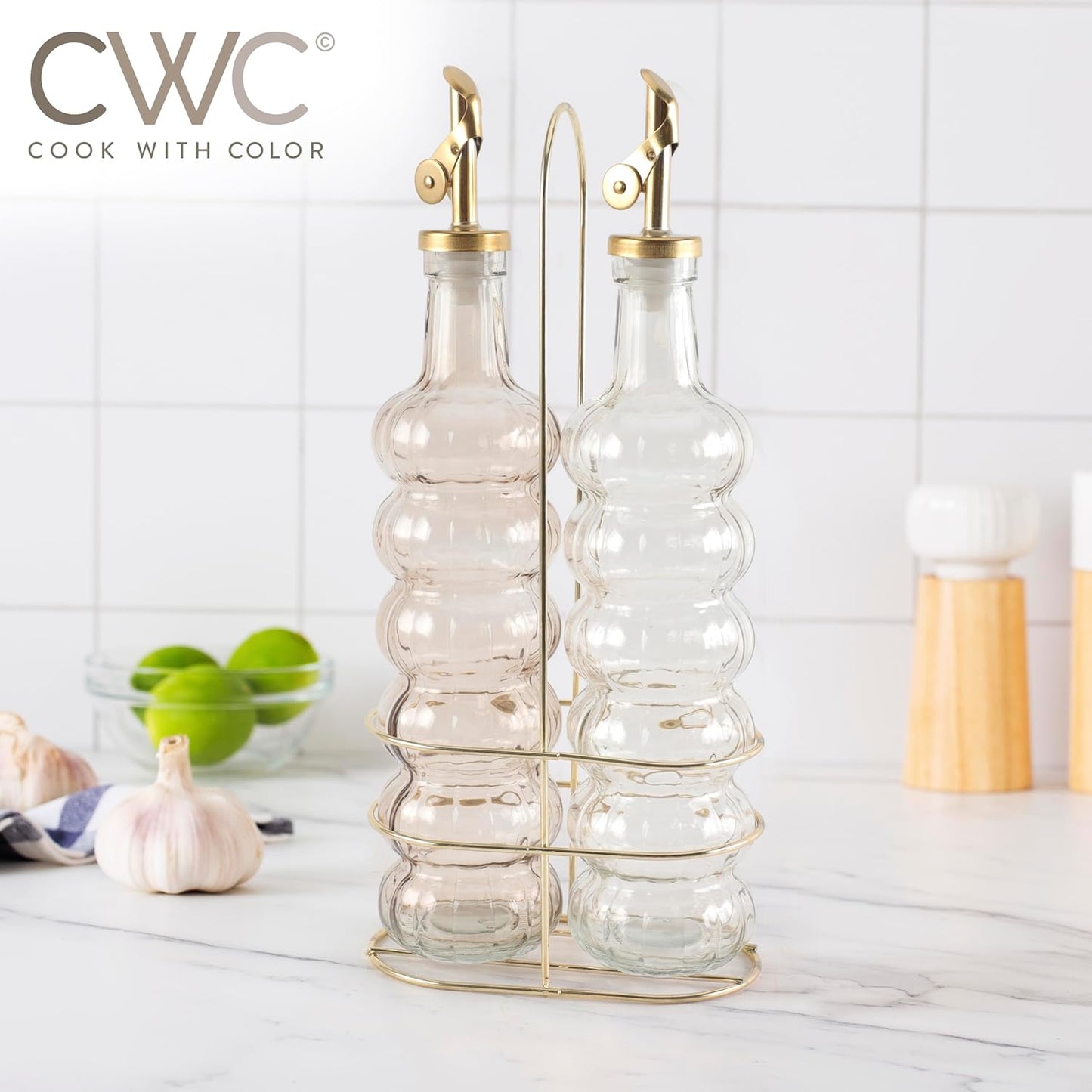 COOK WITH COLOR Glass Olive Oil Bottle Dispenser - 2 Pack- 17oz Oil and Vinegar Cruet - Olive Oil Carafe Decanter for Kitchen, Elegant Waves, Clear