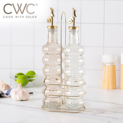 COOK WITH COLOR Glass Olive Oil Bottle Dispenser - 2 Pack- 17oz Oil and Vinegar Cruet - Olive Oil Carafe Decanter for Kitchen, Elegant Waves, Clear