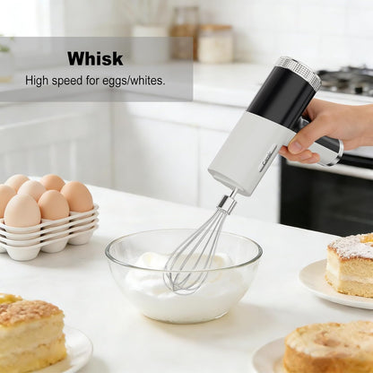 Camic Electric Hand Mixer with 9 Speeds, Powerful Motor, Cordless Hand Mixer with Whisk, Dough Hook and Mixing Rod for Whipping Eggs, Cream, Butter, Jam, Kneading Dough and Blending (White+Black)