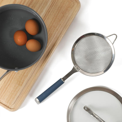 Calphalon Edge Stainless Steel Strainer, Fine Mesh Kitchen Colander Strainer with Thermoplastic Rubber Handle, Sifter for Rinsing, Draining & Straining Food, Navy