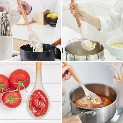 E-far Cooking Utensils Set of 6, Silicone Kitchen Utensils with Wooden Handle, Non-stick Cookware Friendly & Heat Resistant, Includes Spatula/Ladle/Slotted Turner/Serving Spoon/Spaghetti Server(Khaki)