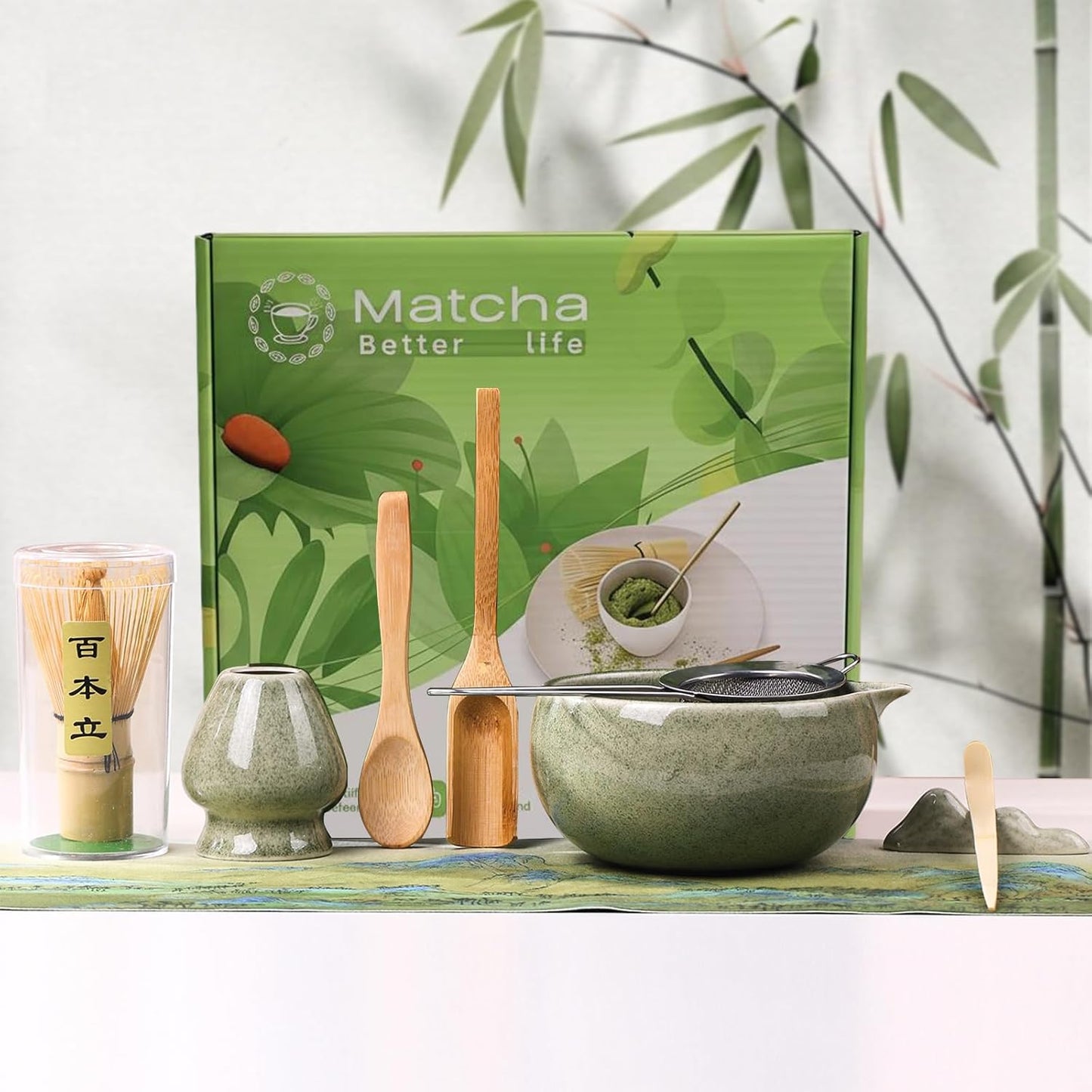 8 Pcs Matcha Whisk Set Chasen Matcha Whisk Bamboo Bowl with Spout Sifter Spoon Scoop Whisk Holder Bamboo Mat Complete Matcha Making Kit (Red Petal)