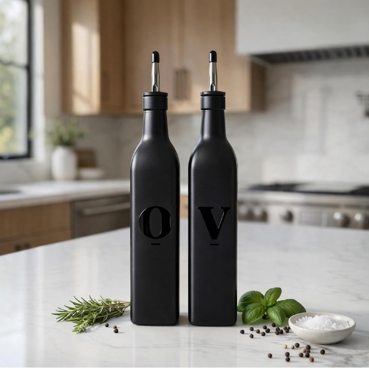 Olive Oil & Vinegar Dispenser Bottle Set with Stainless Steel Spouts & Funnel - Elegant Cooking Oil Cruet Dispenser for Kitchen - 500ml - Set of 2