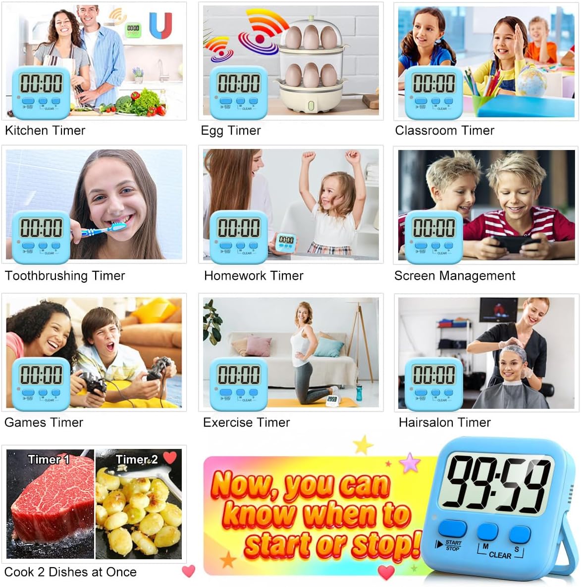 Antonki 2 Pack Digital Timer for Kids, Magnetic Countdown Kitchen Timers for Cooking, Egg, Classroom, Teacher, Exercise, Study, Oven - Battery Included