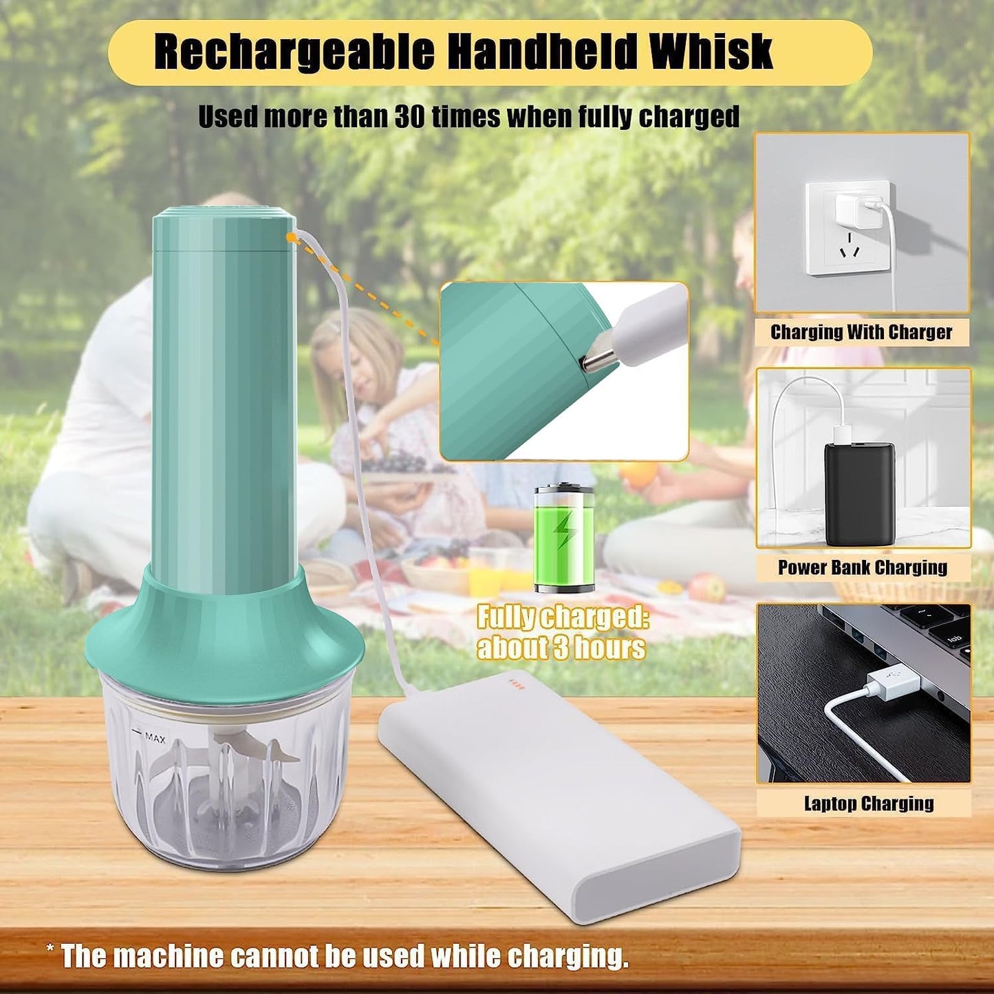 Cordless Hand Mixer MixgoII, Handheld Mixer Electric Whisk & Milk Frother, Hand Held Mini Mixers, Rechargeable Hand Mixer and Whisker, Food Processor for Cooking, Food Chopper, 4-Speed, 10Oz