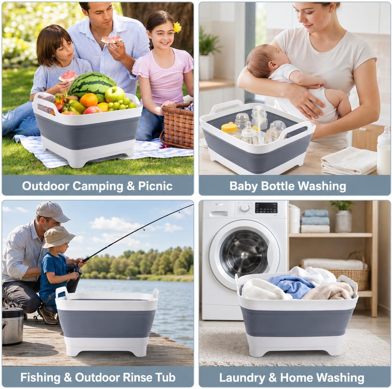 2.4 Gal(9L) Collapsible Dish Basin with Drain Plug, Space Saving Outdoor Multiuse Foldable Sink Tub, Dishpan, Kitchen Storage Tray for Camping, Vegetable Washing, RV (Gray)