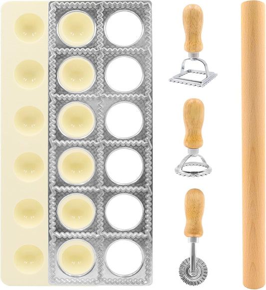 8in1 Ravioli Gnocchi Pasta Dumpling Noodle Maker Cutter Press Mold Stamp - Pasta Manual Accessories Homemade Essentials Making Tool Kit w/Silicone Pastry Mats, Wooden Dough Roller Rolling Pin