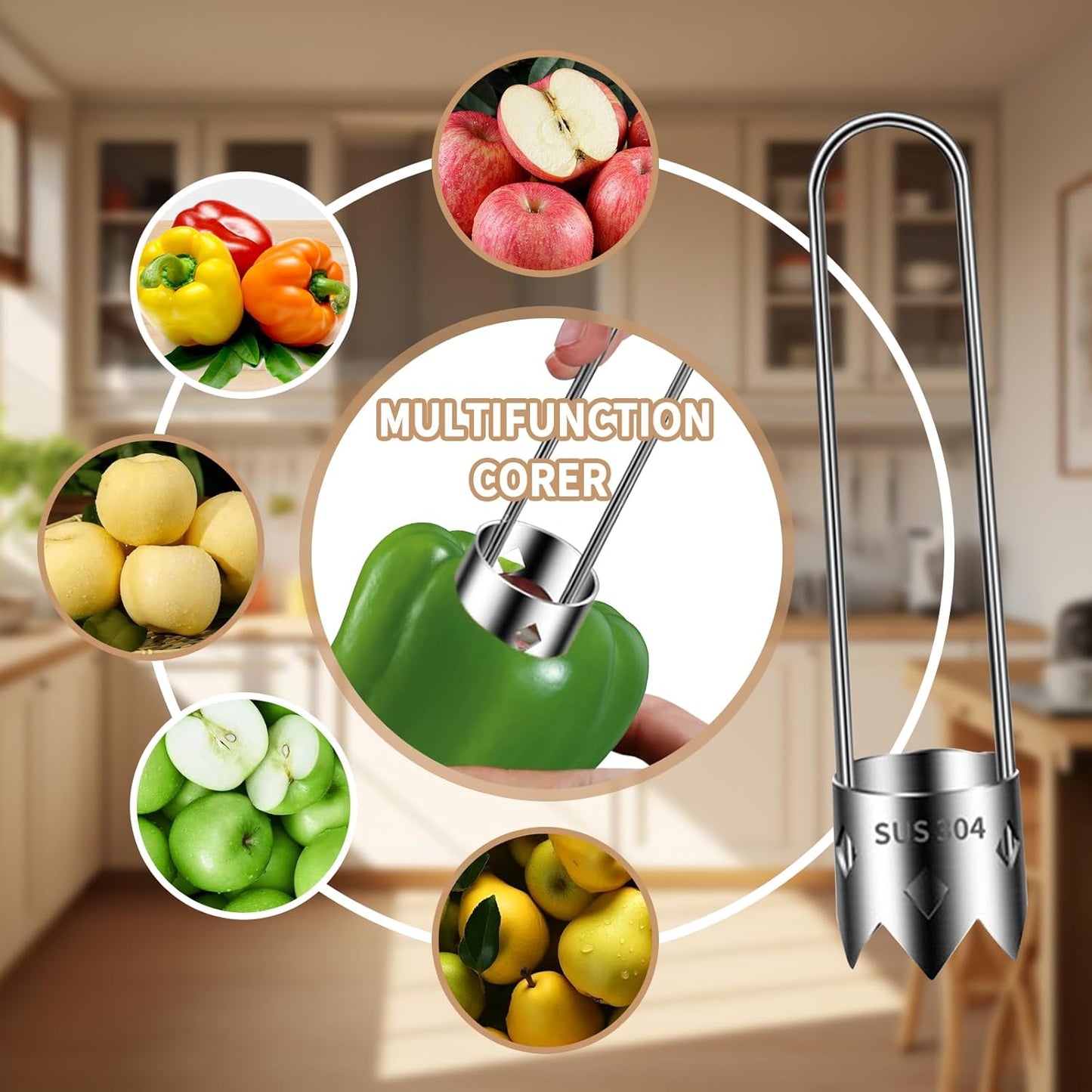 Apple Corer, Stainless Steel Apple Core Remover Tool, Bell Pepper Seed Core Remover, Multifunctional Vegetable Fruit Corer Tools Kitchen Gadget (1 Pcs)