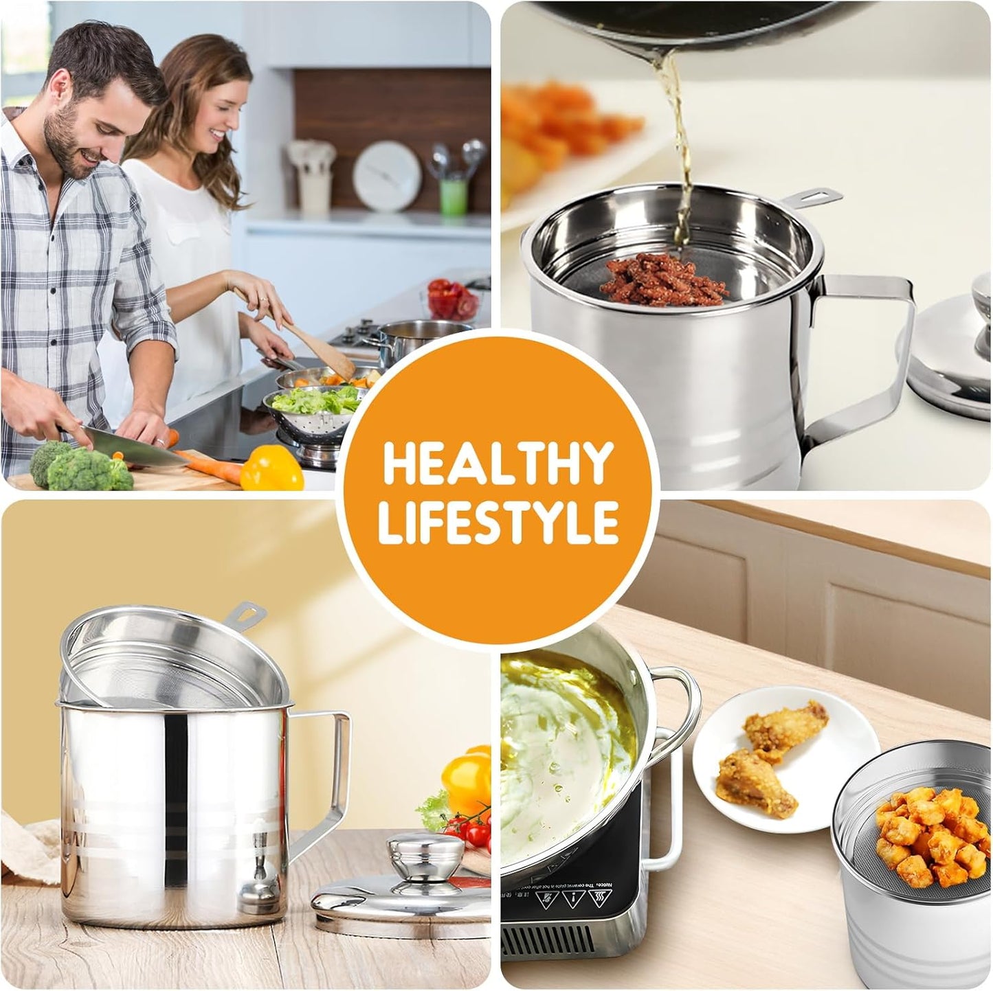 Chihee Grease Container Stainless Steel Bacon Grease Saver with Fine Mesh Strainer 2L / 67.6 fl oz Cooking Oil Keeper Stoarge Can with Dust-proof Lid Non-slip Tray for Kitchen Frying
