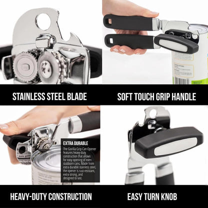 Manual Can Opener Heavy Duty Smooth Edge - Bottle Opener Combo for Seniors Adults, Stainless Steel Kitchen Camping Tool, Safe Easy to Use, Black