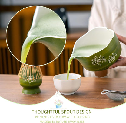 Buucup Matcha Set, Matcha Bowl with Spout, Matcha Whisk and Holder, Bamboo matcha Scoop and Stainless Sifter - 5 Pcs Jade Green Matcha Set Kit for Matcha Lover