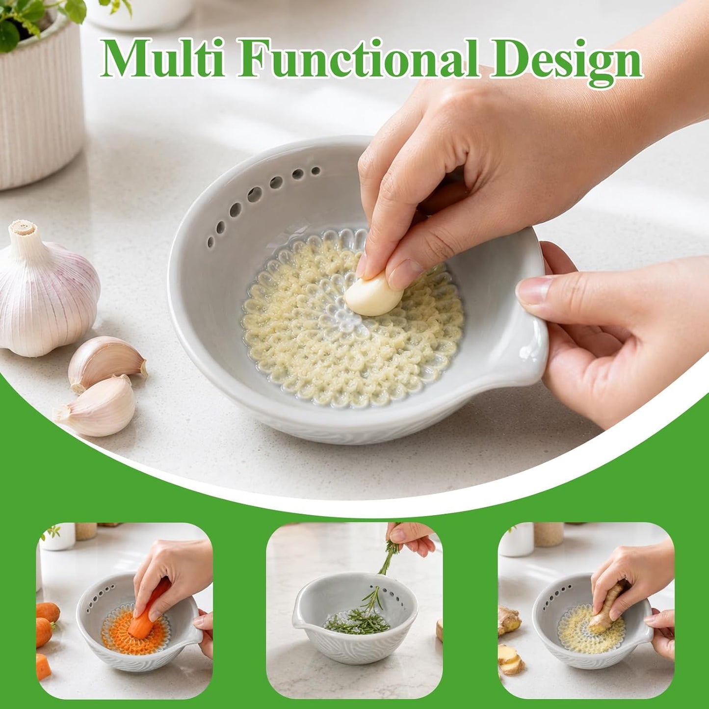 Joyzan Herb Stripper Garlic Grater, Ceramic 3 in 1 Handmade Ginger Bowl Herbs Leaf Peeling Stripping Plate 7 Hole Sizes Pottery Peeler Stripper Kitchen Tools Kale Chard Collard Thyme Basil Rosemary