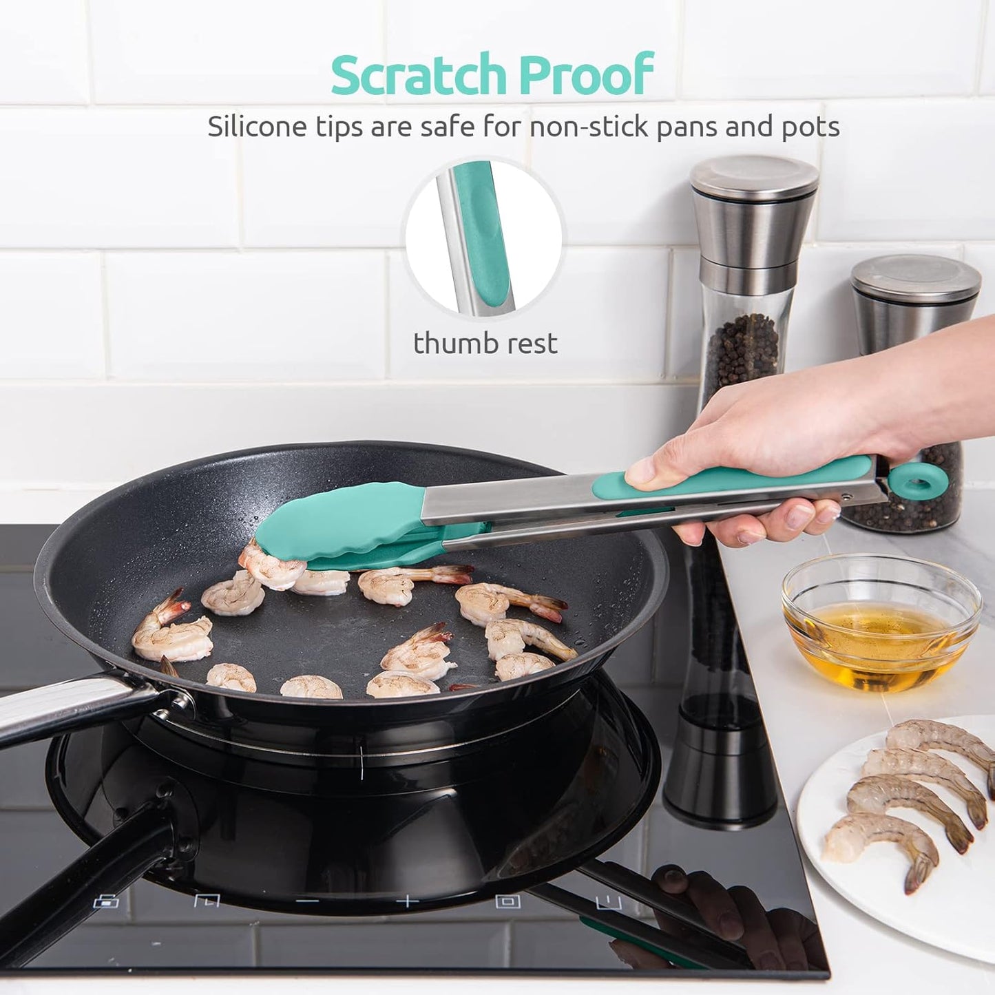 600ºF Heat Resistant Kitchen Tongs: U-Taste 9 inch Silicone Cooking Tong with Firm Sealed Non Stick Rubber Tips & Silicon Coated 18/8 Stainless Steel Handle & Smooth Locking for Serving Salad (Black)