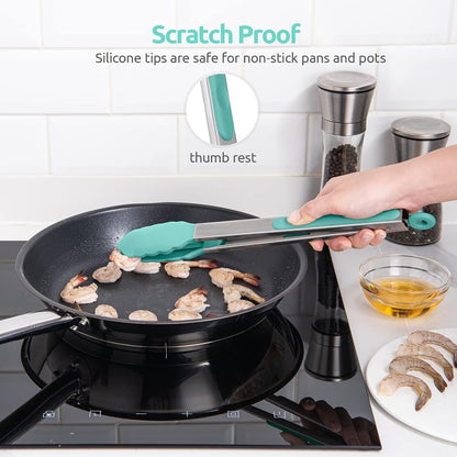 600ºF Heat Resistant Kitchen Tongs: U-Taste 9 inch Silicone Cooking Tong with Firm Sealed Non Stick Rubber Tips & Silicon Coated 18/8 Stainless Steel Handle & Smooth Locking for Serving Salad (Black)