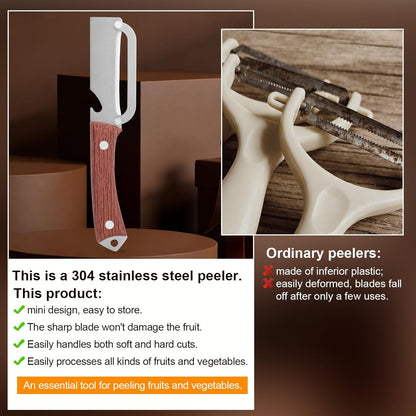 Multi-Functional Vegetable Peeler with Wooden Handle, Stainless Steel Thick & Thin Skin Fruit Peeler with Bottle Opener, Not for Left-Handed Users, Practical Kitchen Tool for Apple Potato