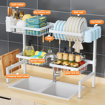 YKLSLH 4 Baskets Over The Sink Dish Drying Rack, Extendable Large Capacity Sink Rack, Metal Drying Rack Saving Space,for Most Sinks (26.57"-35")