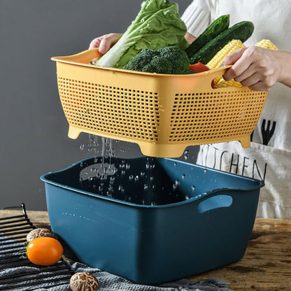 Double-layer Kitchen Colanders Vegetable Wash Basket Set, Plastic Fruit Strainer Bowls with Drainage, Large and Small Square Baskets for Kitchen Food Storage and Washing