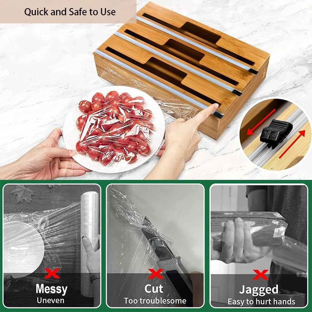 3 in 1 Plastic Wrap Dispenser with Cutter and Labels, Foil and Plastic Wrap Organizer, Aluminum Foil Organization and Storage, Foil Organizer for Drawer, Bamboo Aluminum foil Holder for 12.5"Roll Wrap