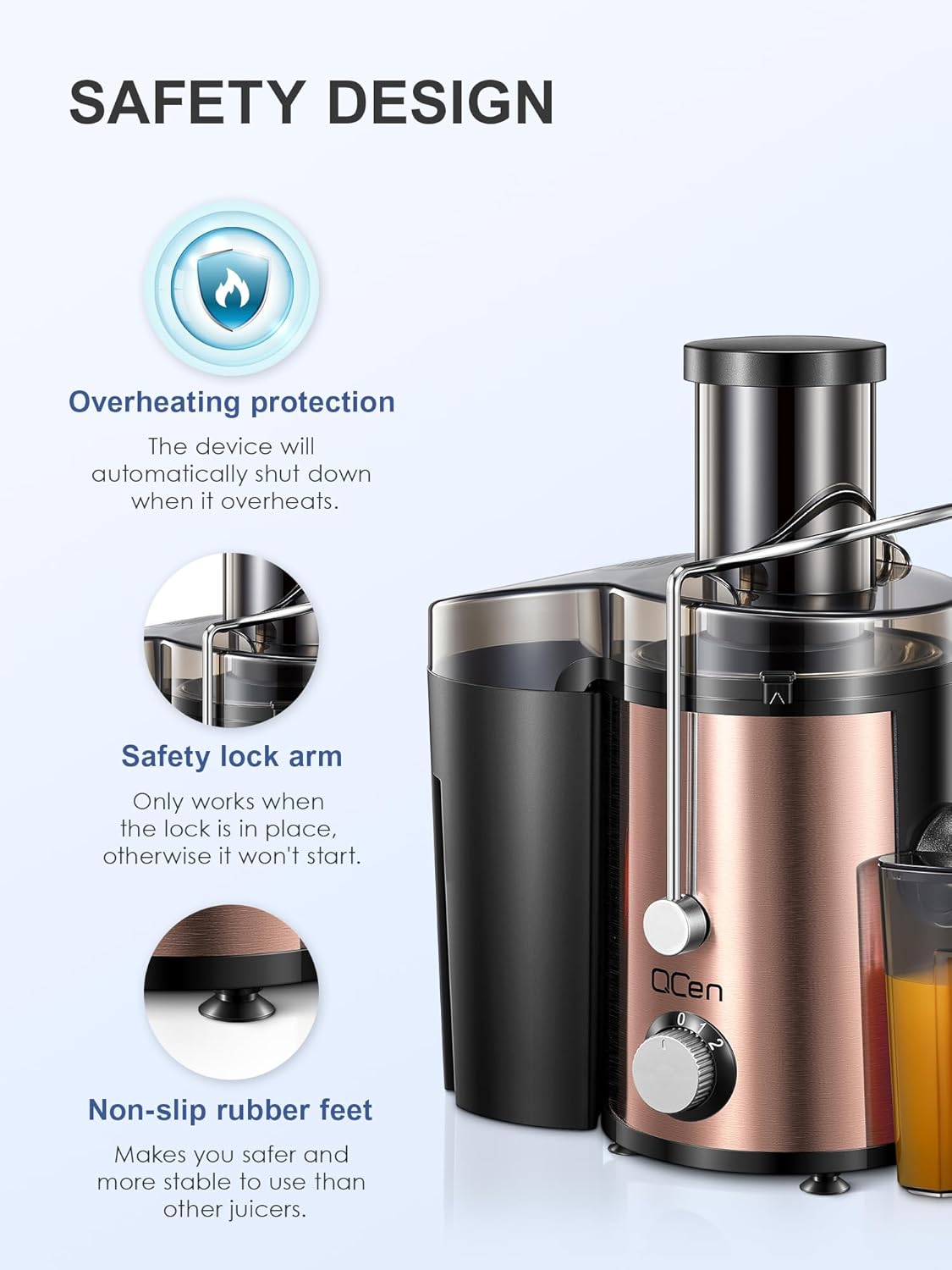 Qcen Juicer Machine, 500W Centrifugal Juicer Extractor with Wide Mouth 3” Feed Chute for Fruit Vegetable, Easy to Clean, Stainless Steel, BPA-free (Black)