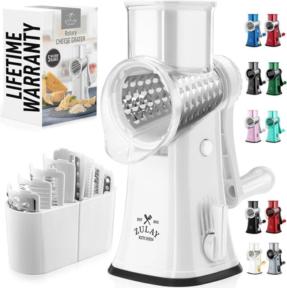 Zulay Kitchen Rotary Cheese Grater 5 Blade Cheese Shredder - Manual Hand Crank Cheese Grater With Reinforced Suction & 5 Interchangeable Drums - Easy to Use, Vegetable Chopper Round Mandoline Slicer - Colors B