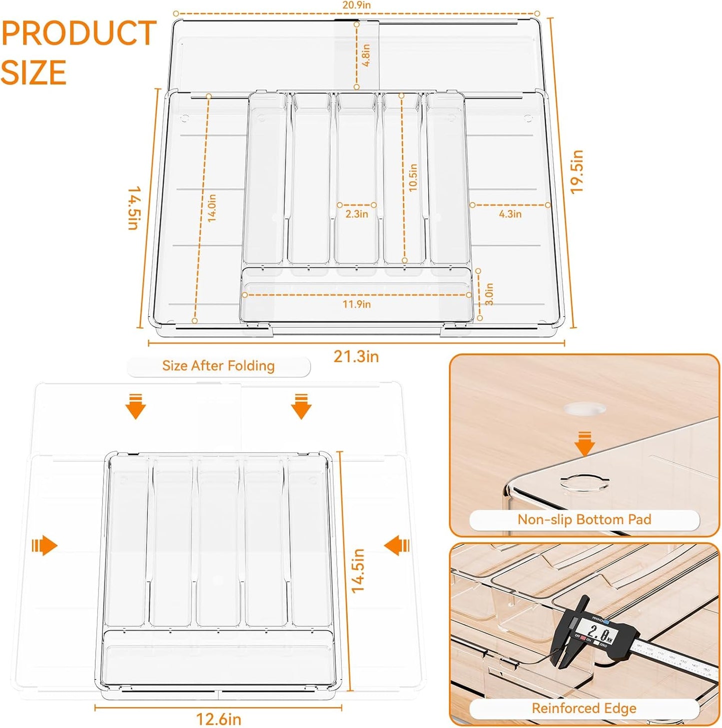 Yieach Acrylic Clear Expandable Kitchen Utensil Drawer Organizer and Silverware Organizer,BPA FREE Adjustable Silverware Tray for Drawer Cutlery,Spatula,Tools,Flatware Organizers,Fork and Spoon Holder